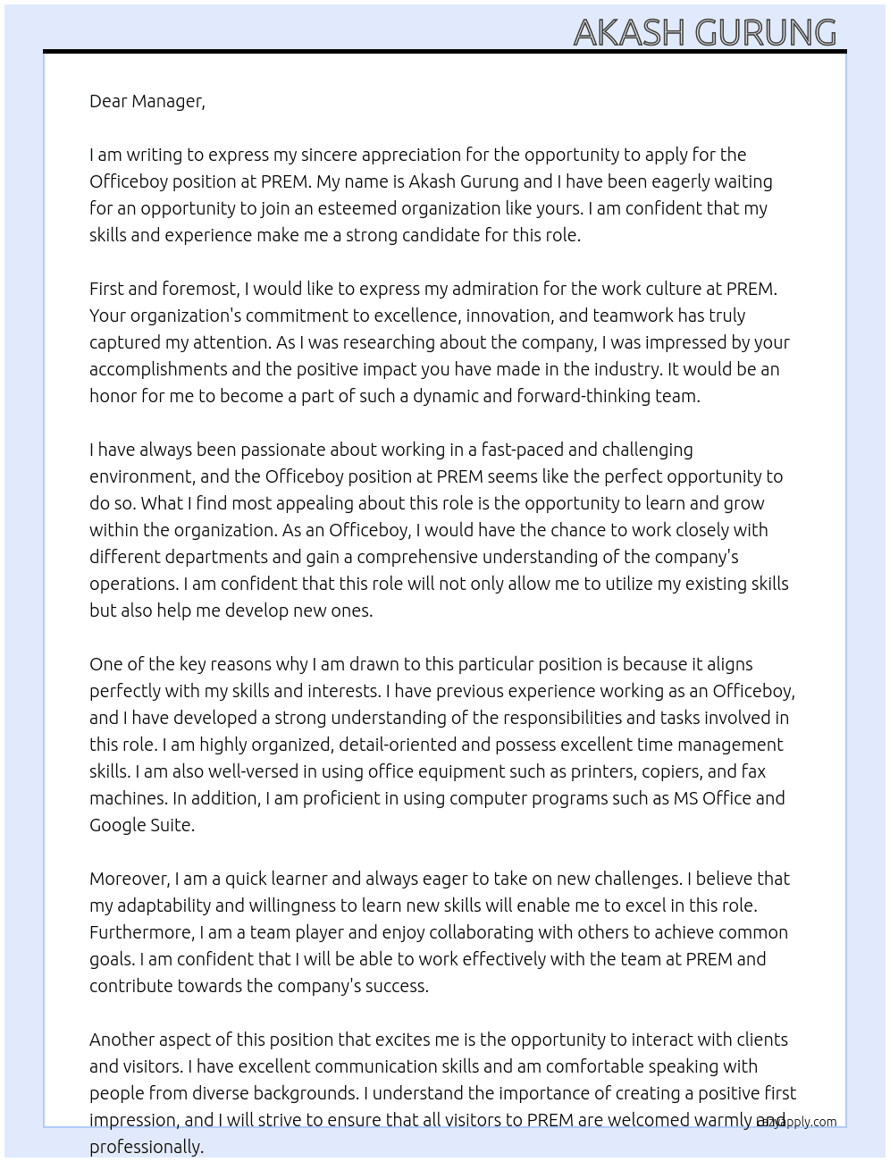 OFFICEBOY At PREM Cover Letter