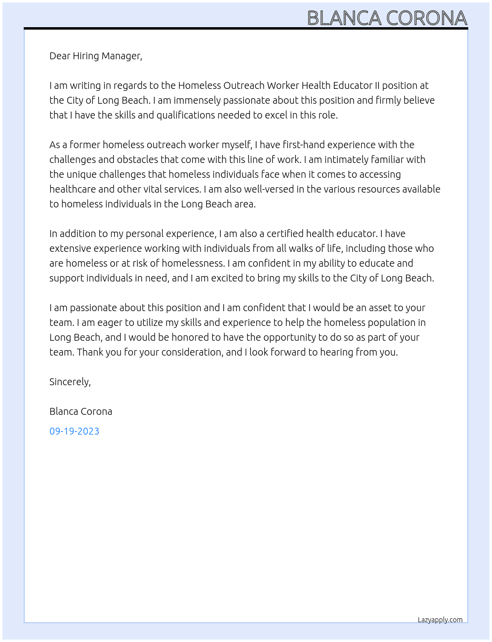 HOMELESS OUTREACH WORKER HEALTH EDUCATOR II At City of Long Beach  Cover Letter