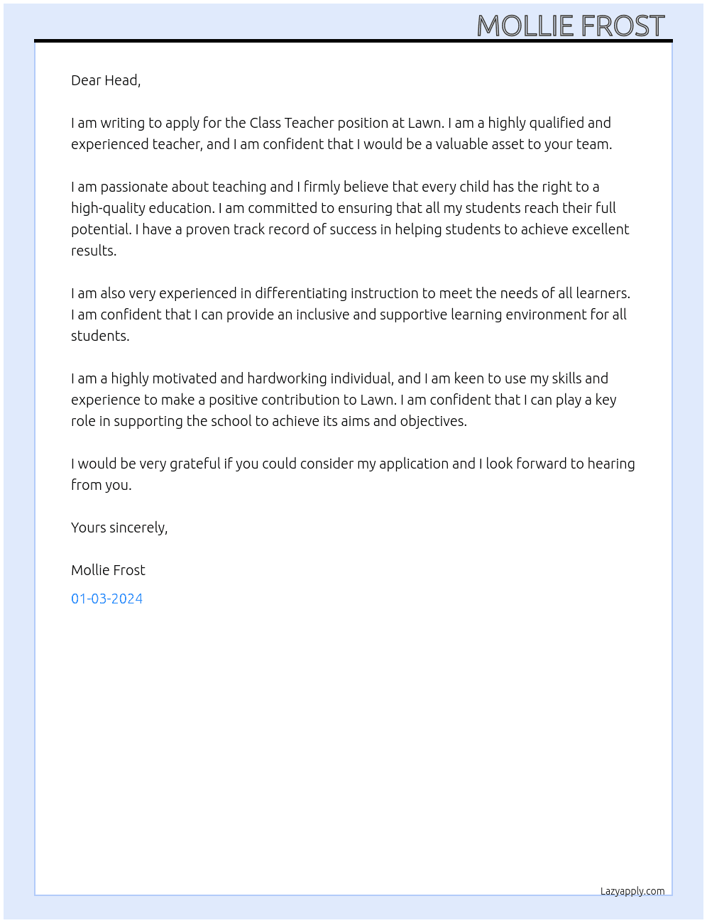 Class Teacher  At Lawn Cover Letter