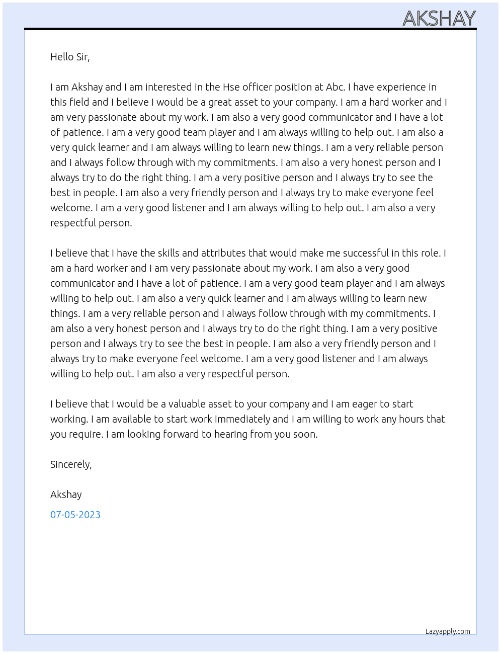 Hse officer At Abc Cover Letter