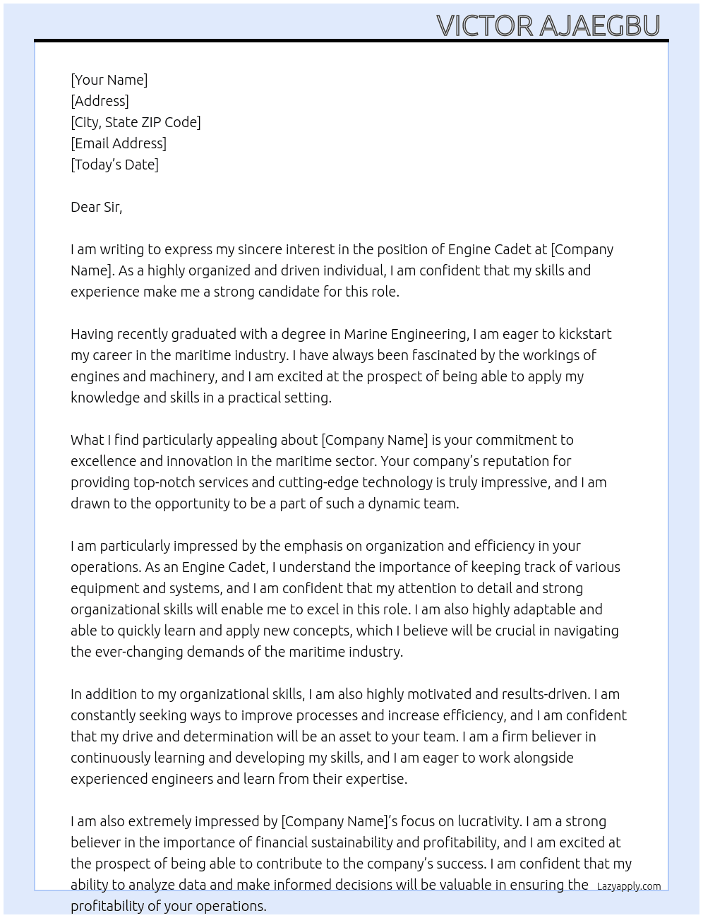 Engine Cadet At Any Cover Letter