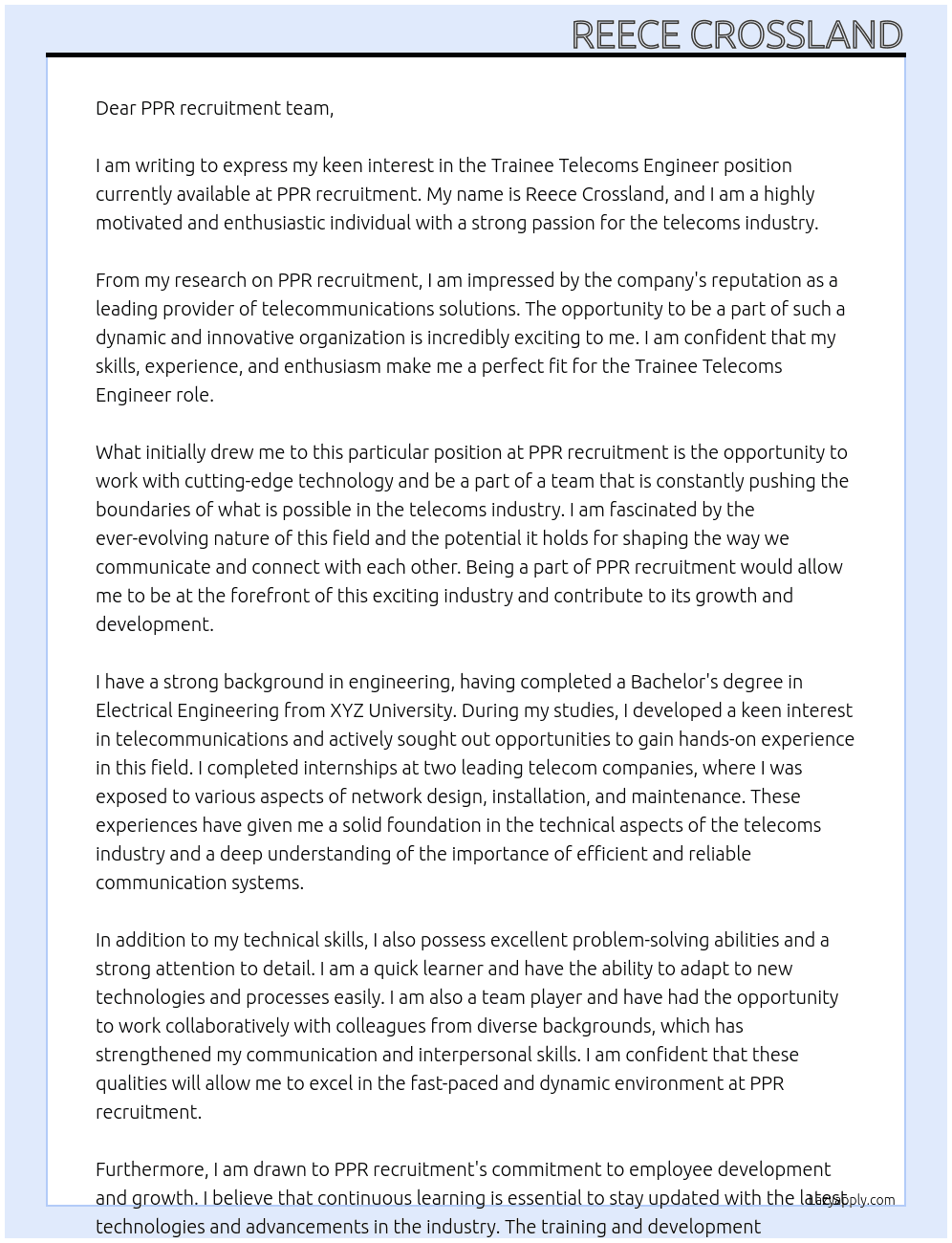 Cover letter for trainee telecoms engineer - LazyApply