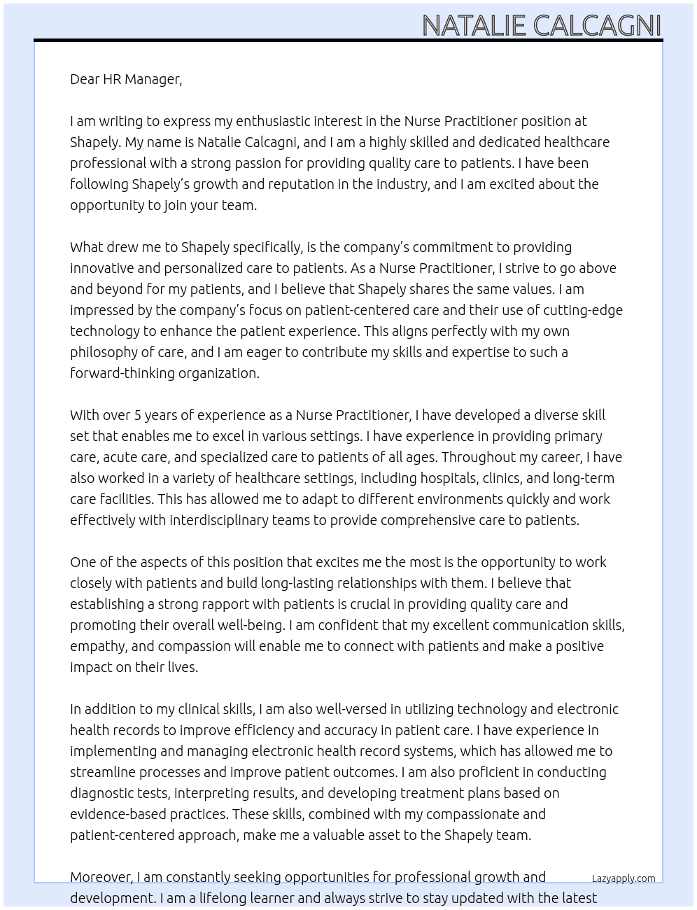 Nurse Practitioner At Shapely Cover Letter