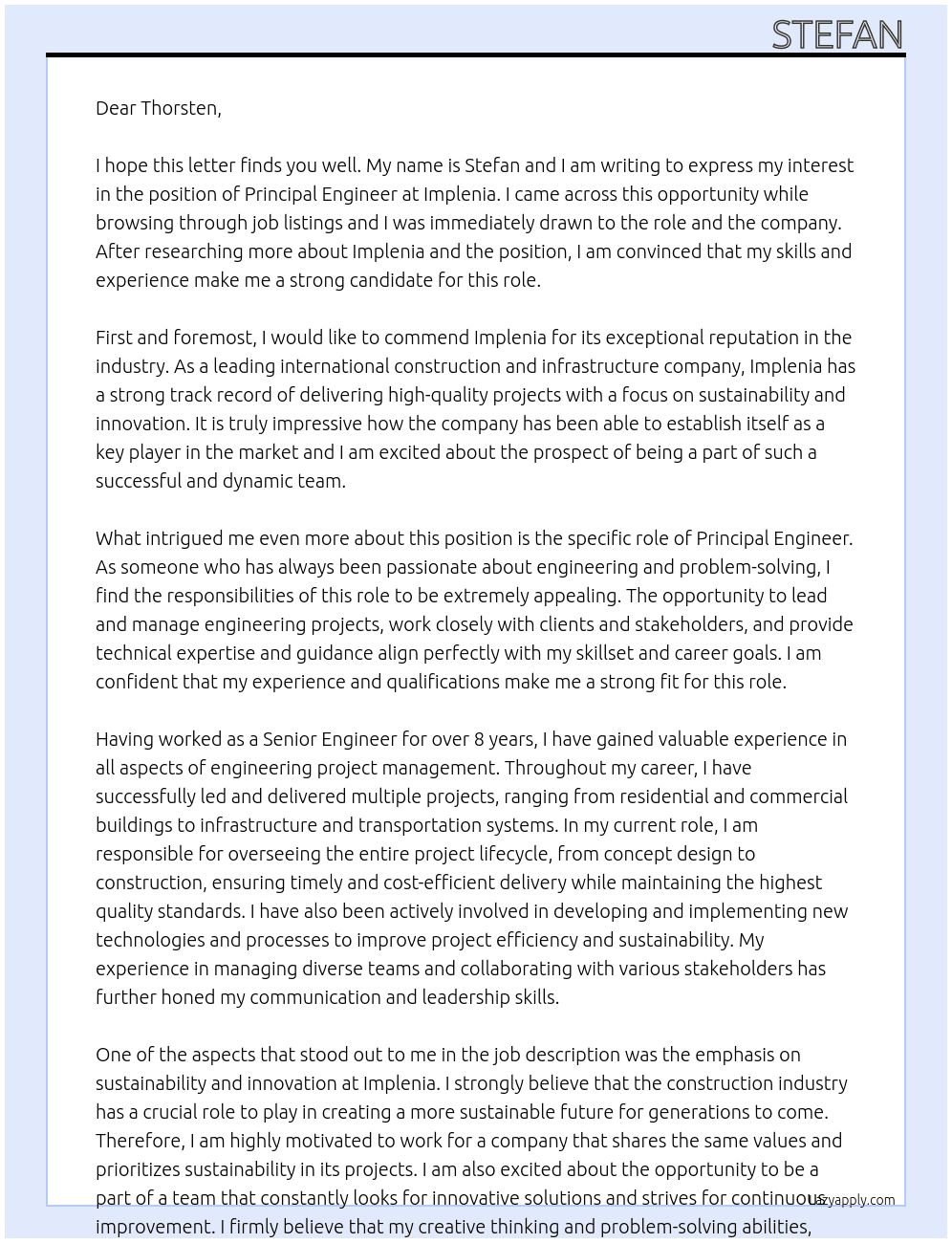 Principal Engineer At Implenia Cover Letter