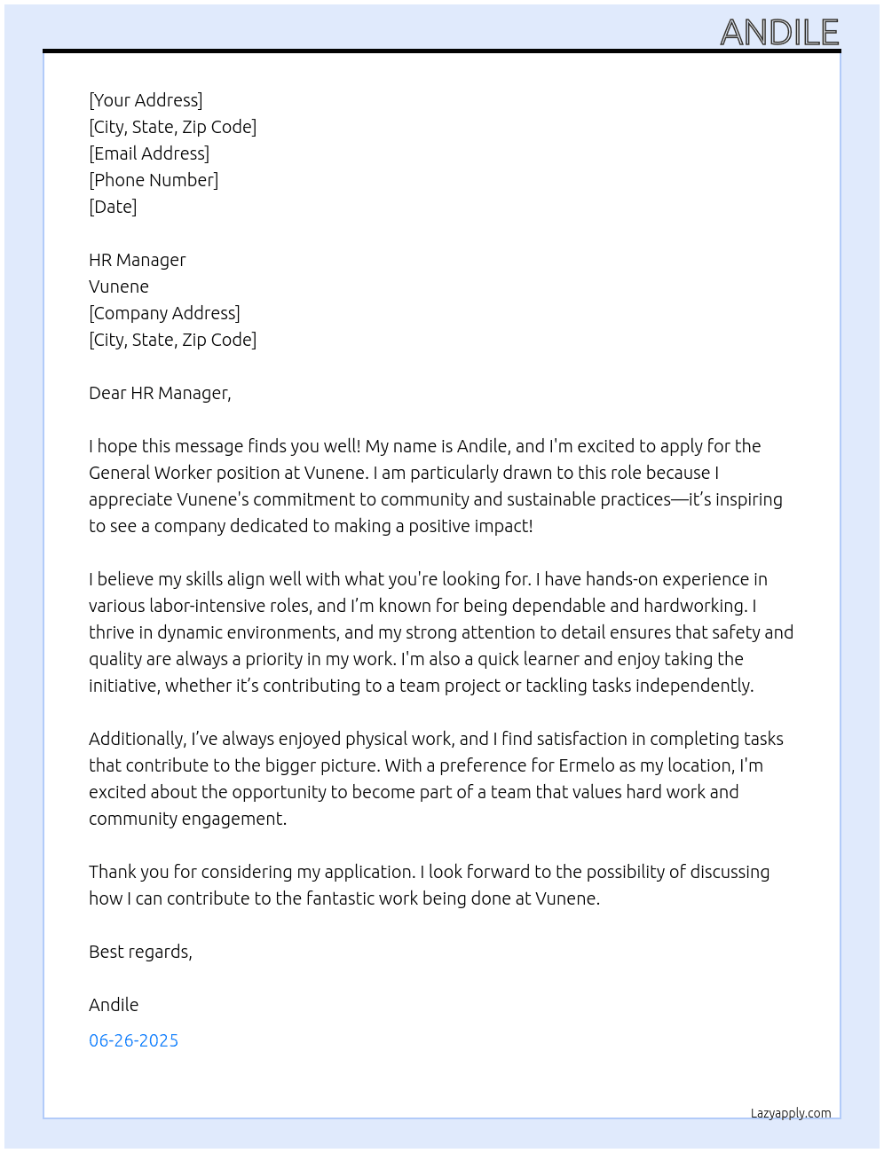 General worker At Vunene Cover Letter