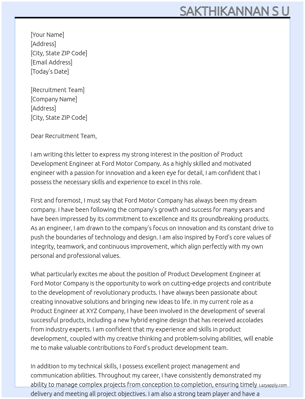 Product Development Engineer At Ford Motor Company Cover Letter