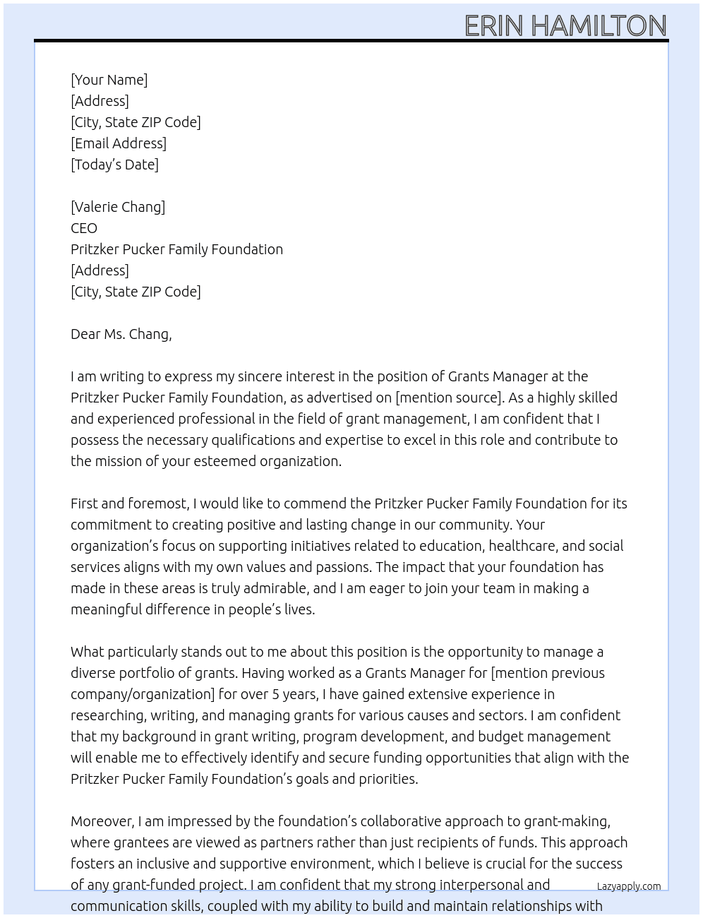 Grants Manager At Pritzker Pucker Family Foundation Cover Letter