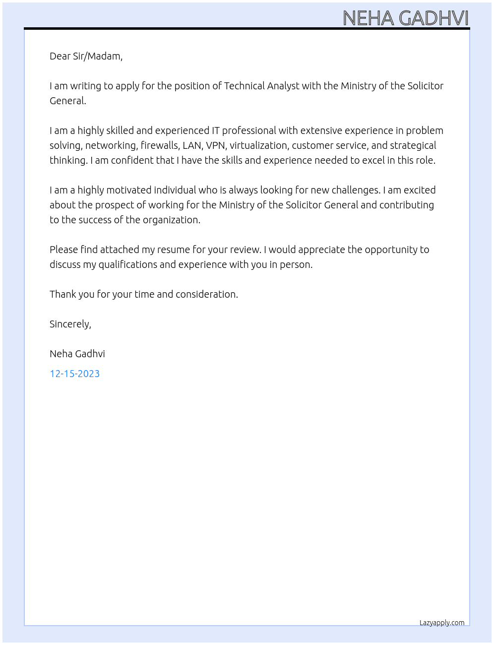 Technical Analyst At Ministry of the Solicitor General Cover Letter