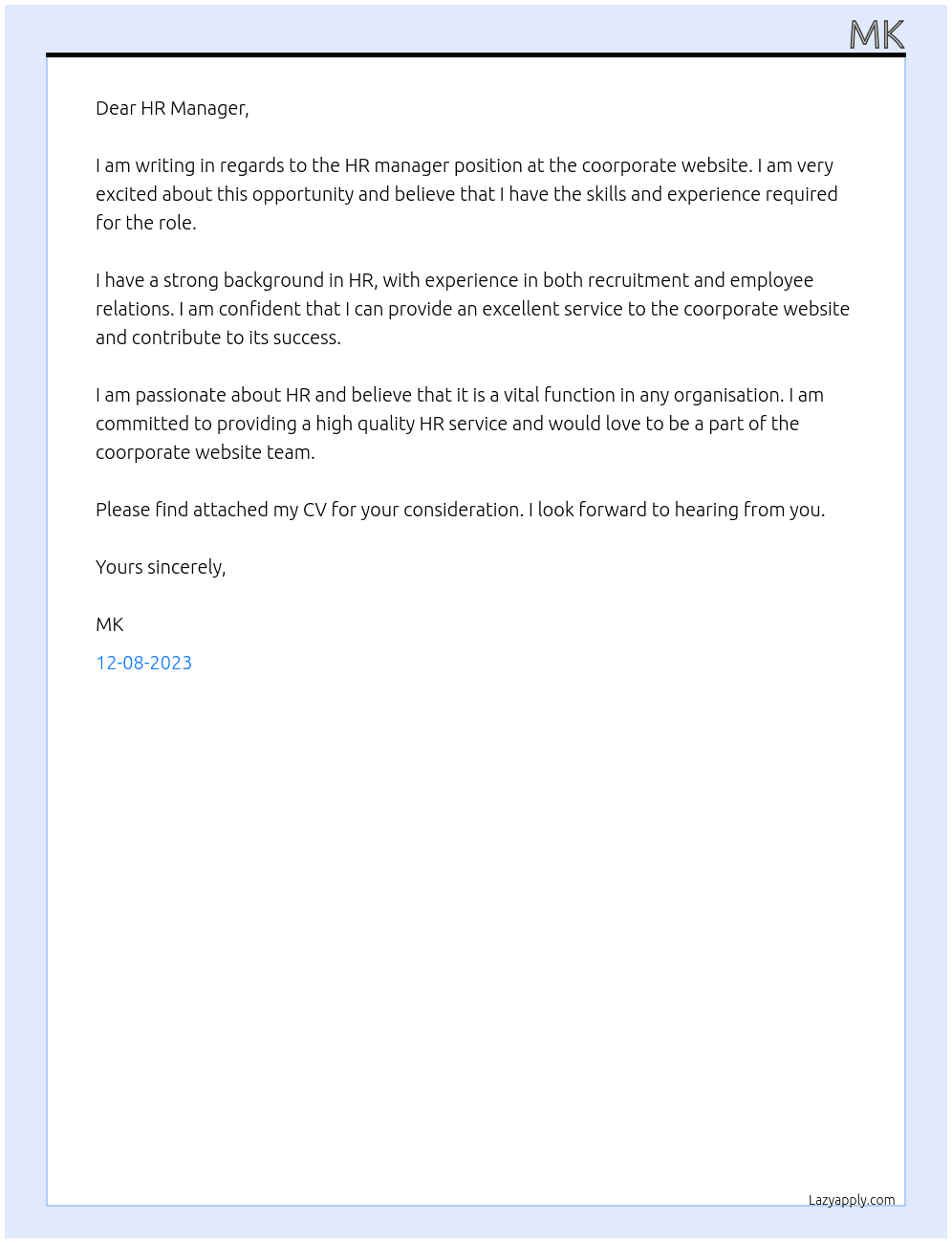 HR manager At coorporate website Cover Letter