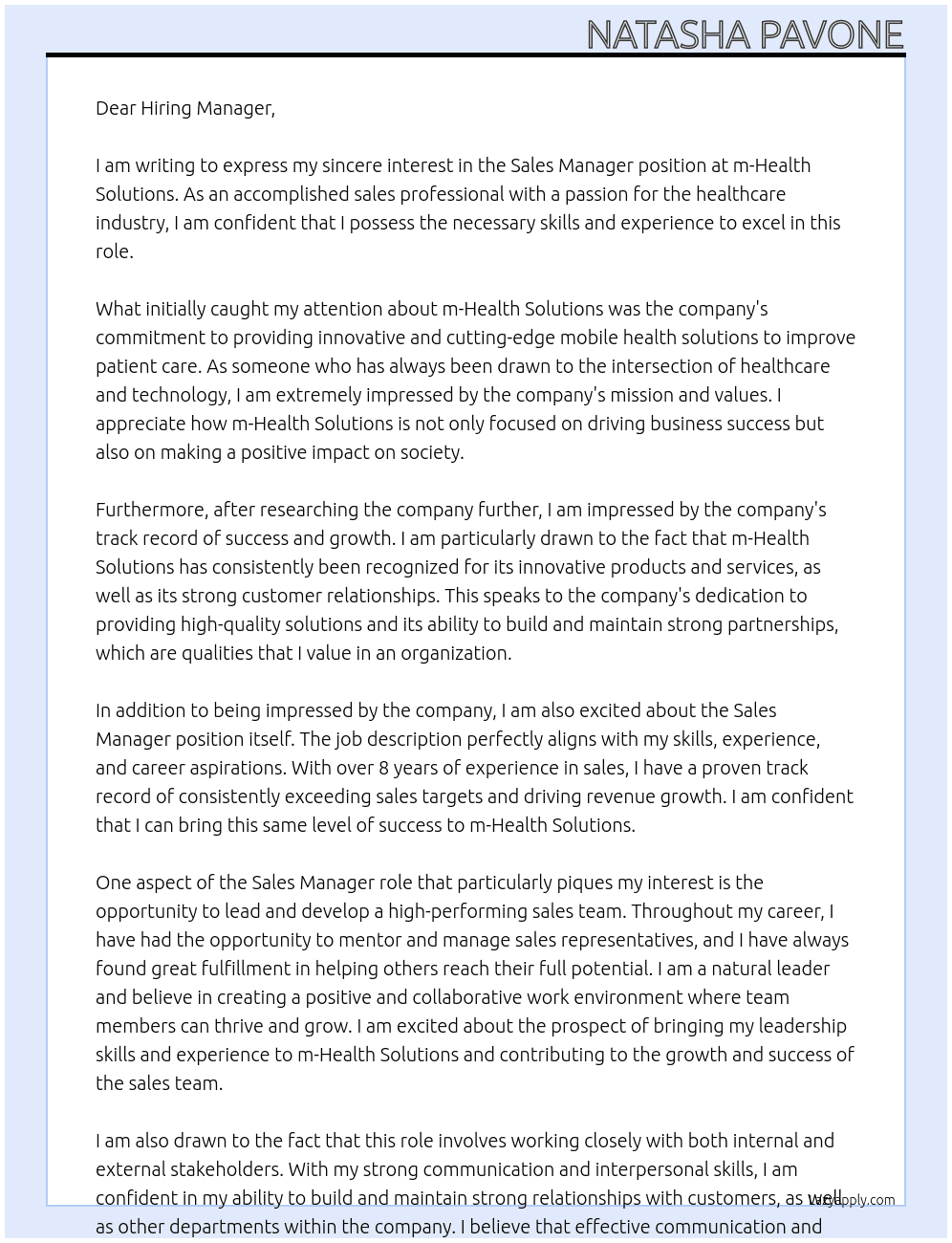 Sales Manager At m-Health Solutions  Cover Letter