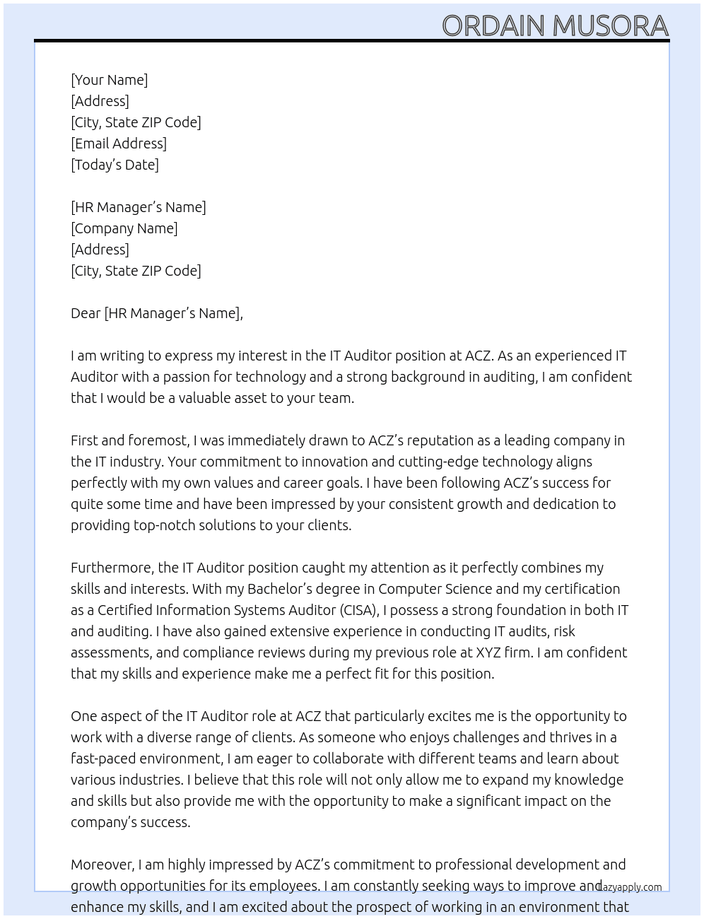 IT AUDITOR At ACZ Cover Letter