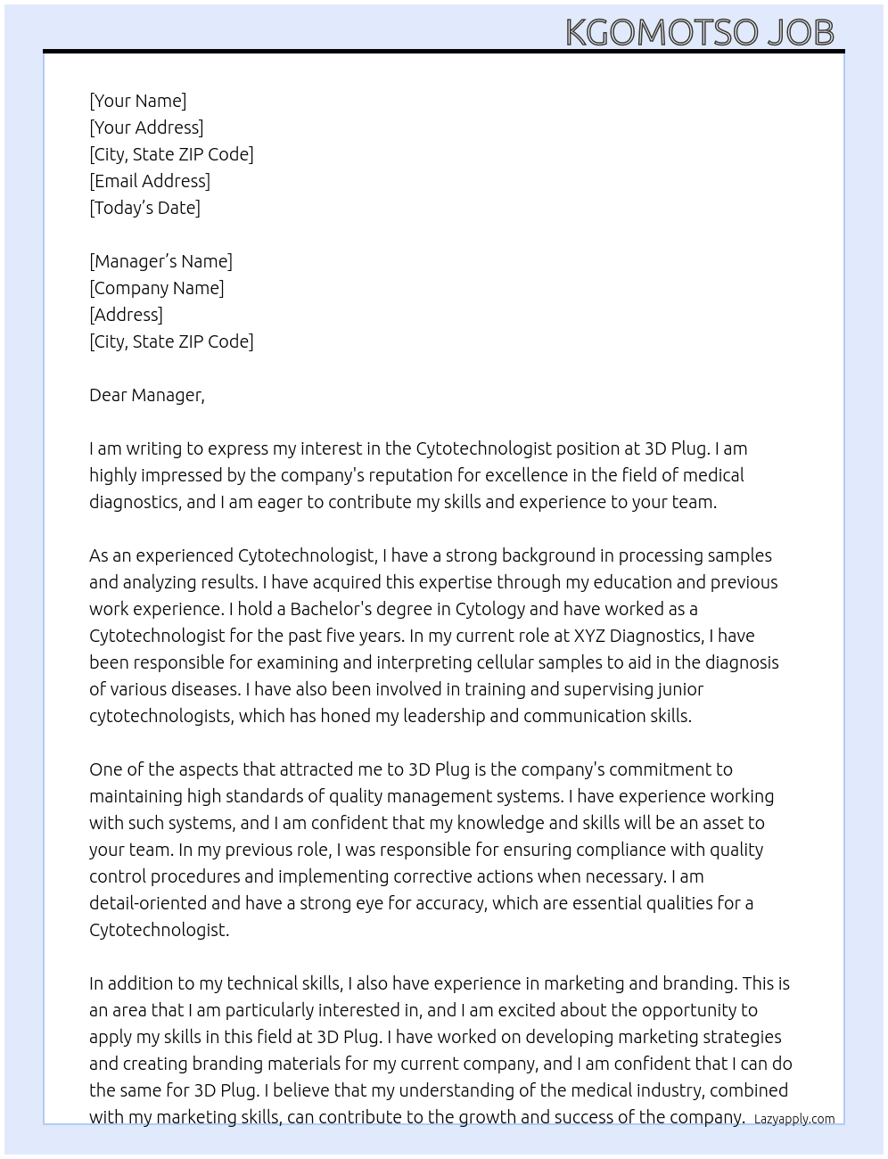 Cytotechnologist  At 3D plug  Cover Letter