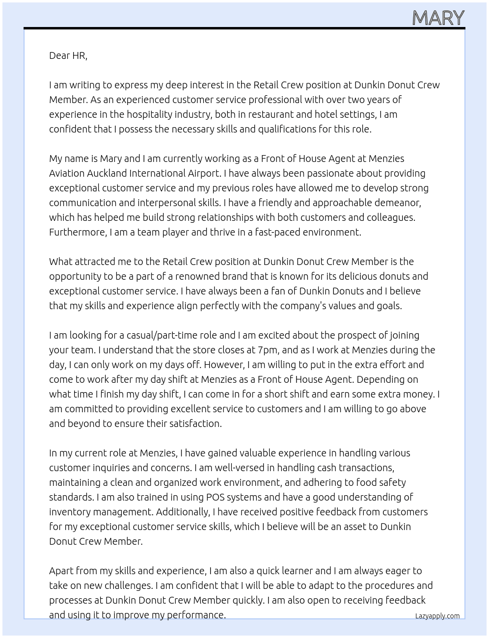 Retail Crew At Dunkin Donut Crew Member Cover Letter