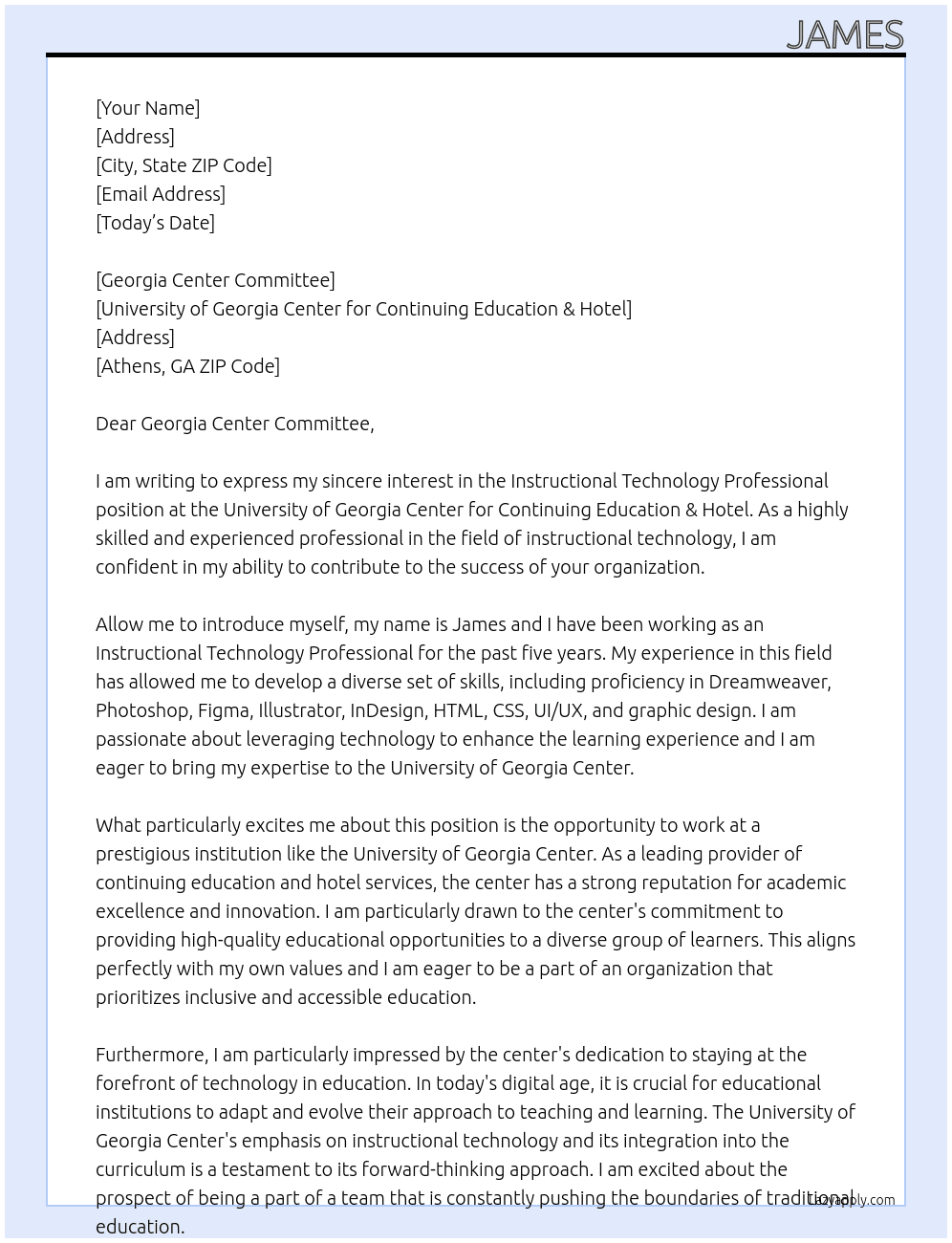 Instructional Technology Professional At University of Georgia Center for Continuing Education & Hotel Cover Letter
