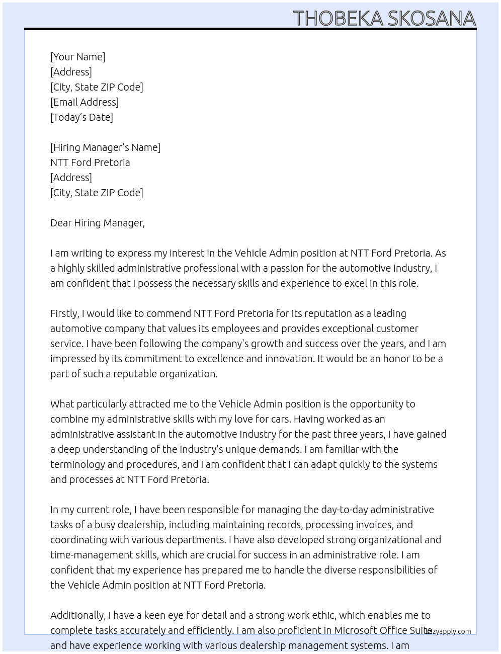 Cover letter for vehicle admin - LazyApply