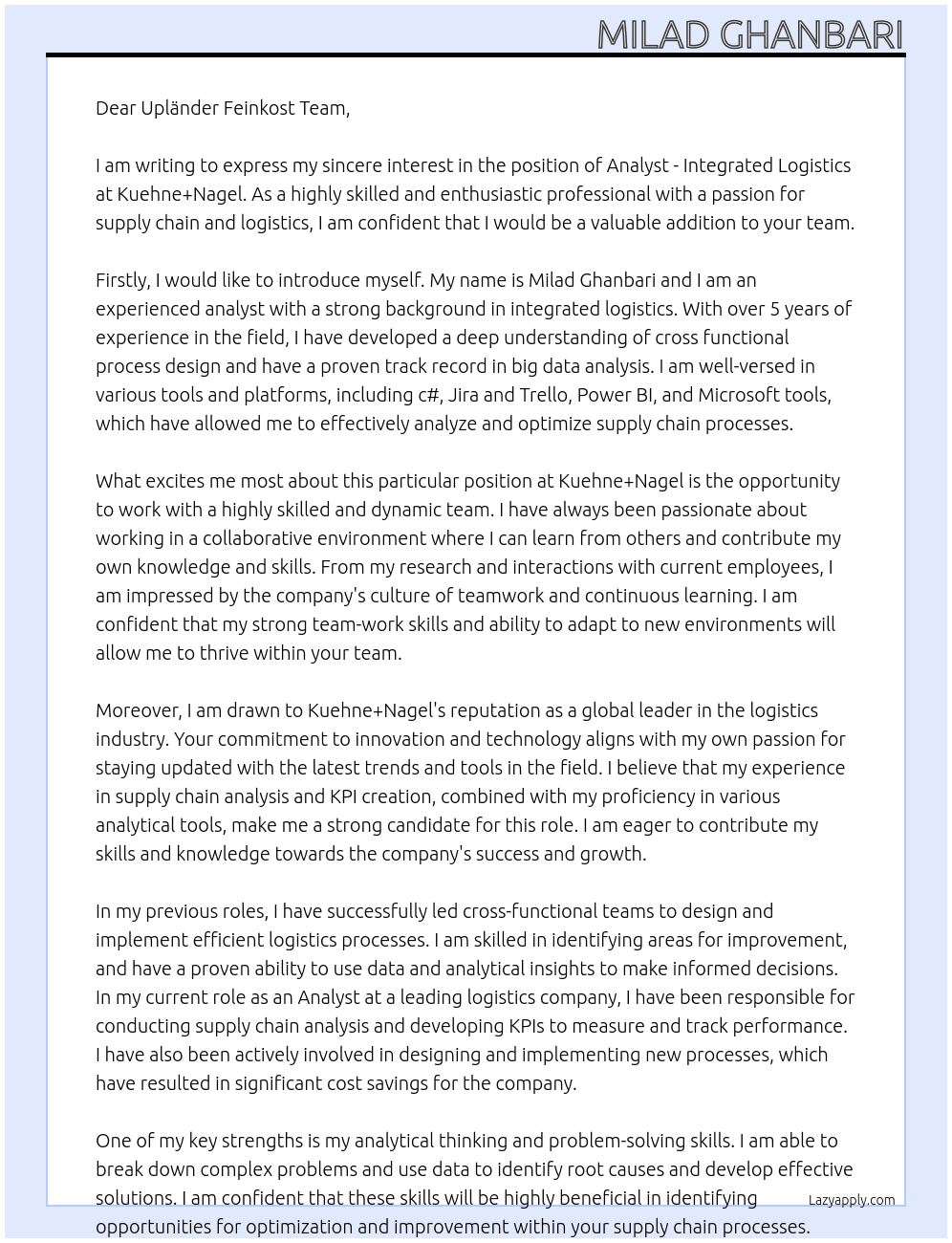 Analyst - Integrated Logistics  At Kuehne+Nagel Cover Letter