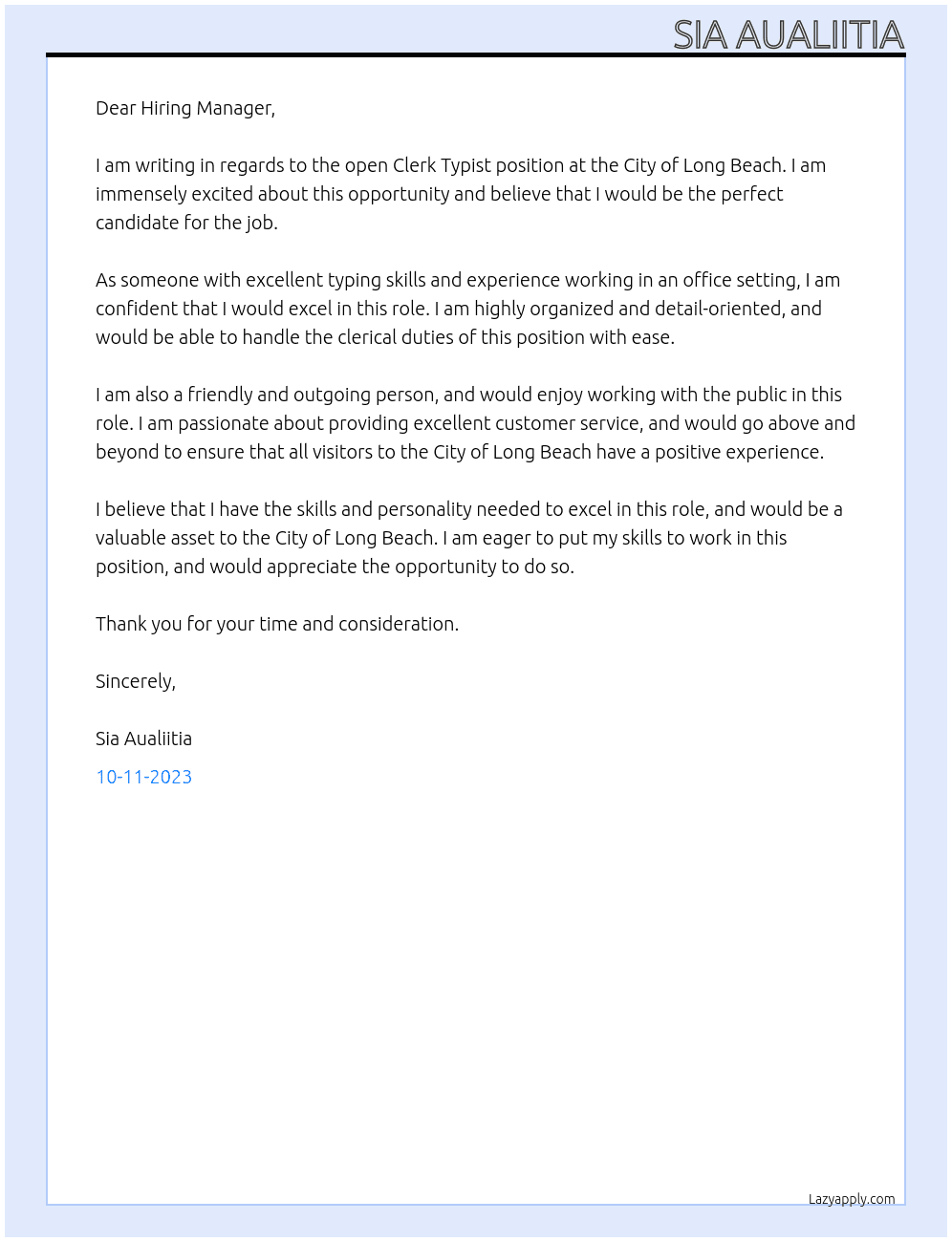 Clerk Typust At City of Long Beacg Cover Letter