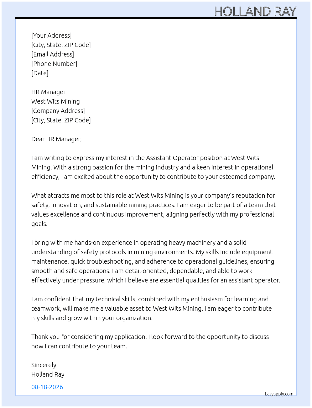 Cover letter for assistant operator - LazyApply