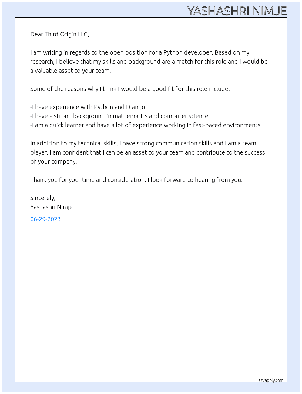 Python Development At Third Origin LLC Cover Letter