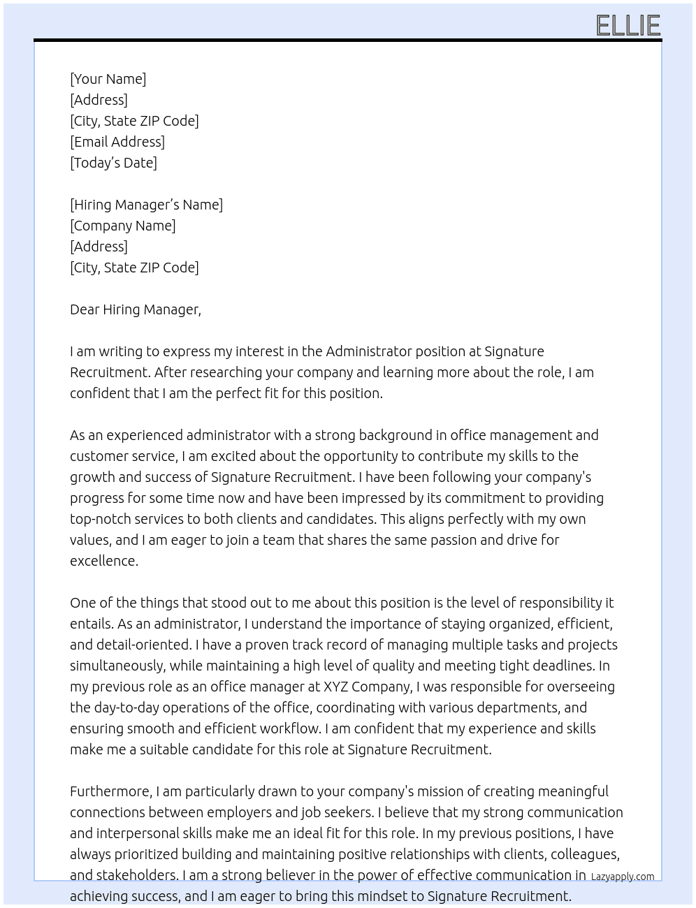 Administrator  At Signature Recruitment Cover Letter