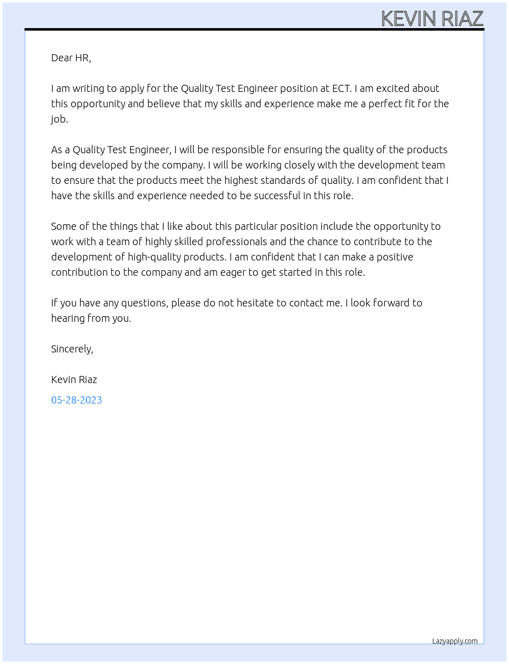Quality Test Engineer At ECT Cover Letter