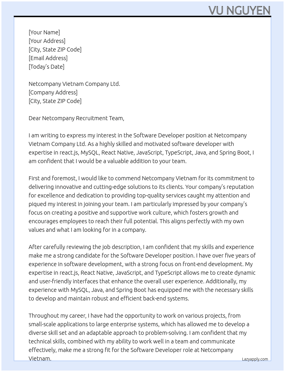 Software Developer At Netcompany Vietnam Company Ltd. Cover Letter