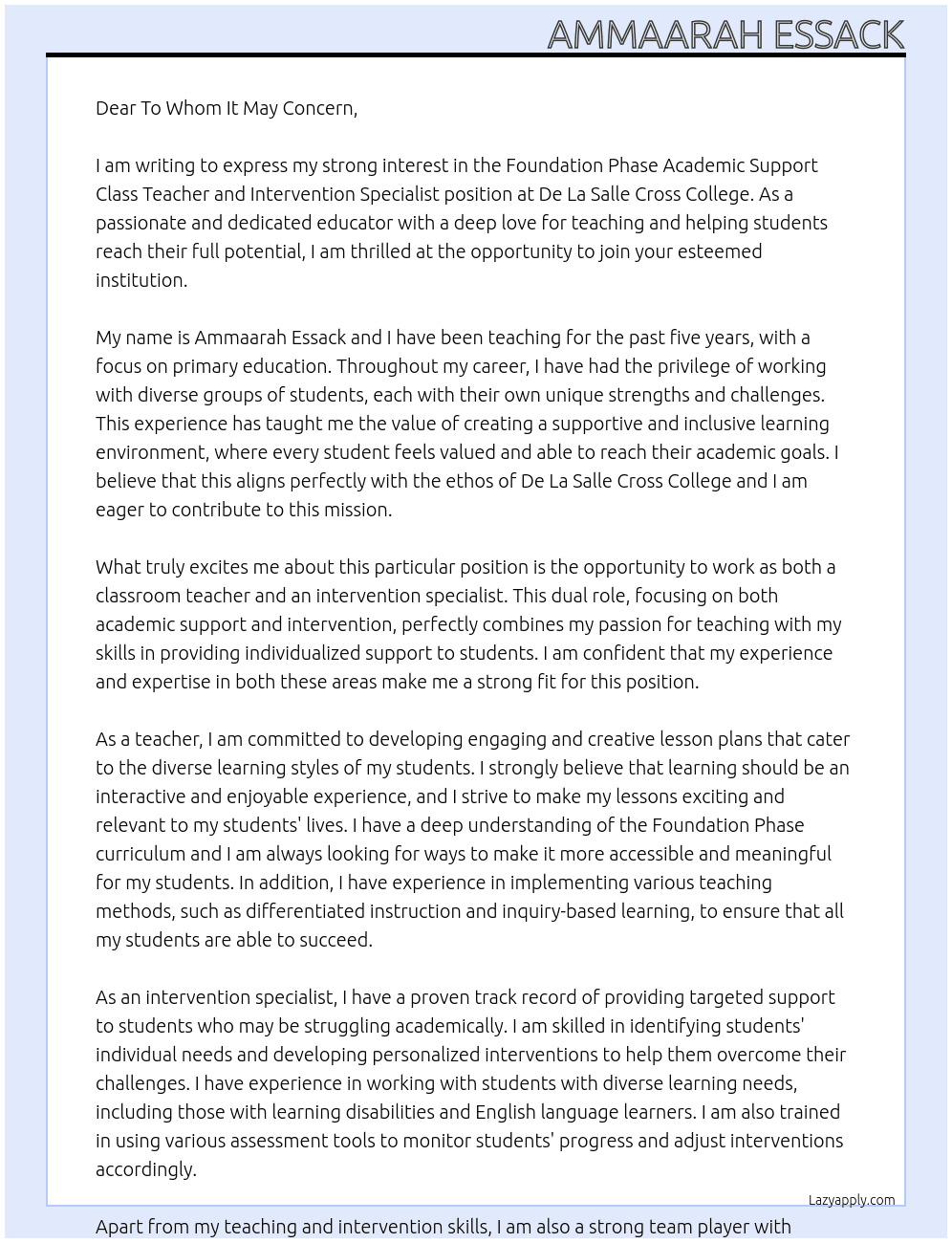 Foundation Phase Academic Support Class Teacher and Intervention Specialist At De La Salle Cross Collegw Cover Letter