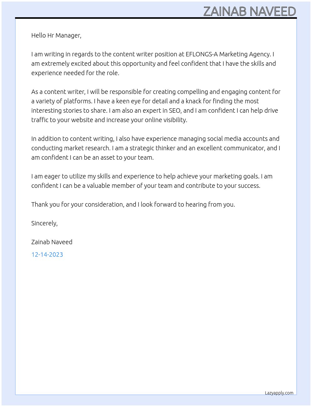 Content Writer At EFLONGS-A Marketing Agency Cover Letter