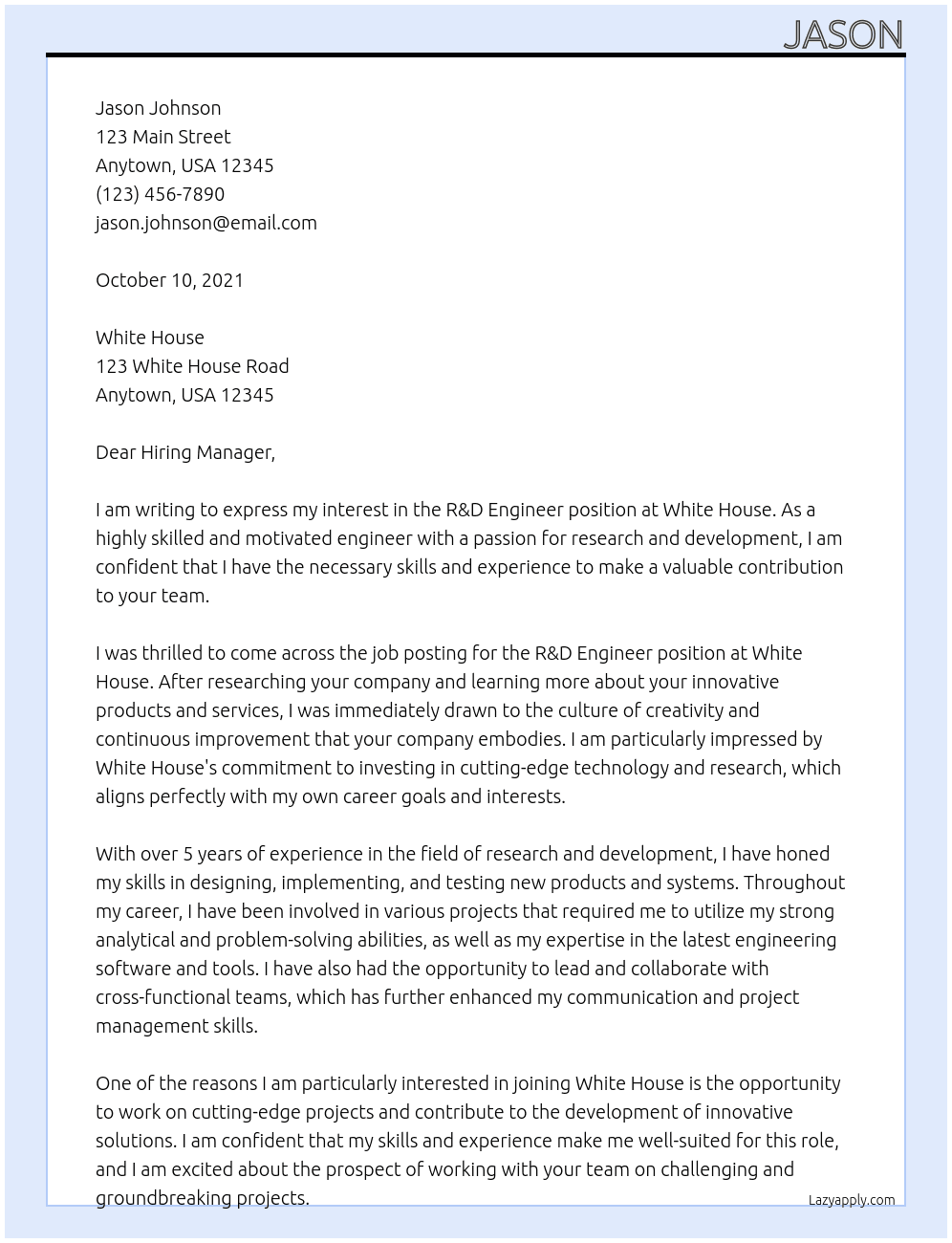 R&D Engineer At White House Cover Letter