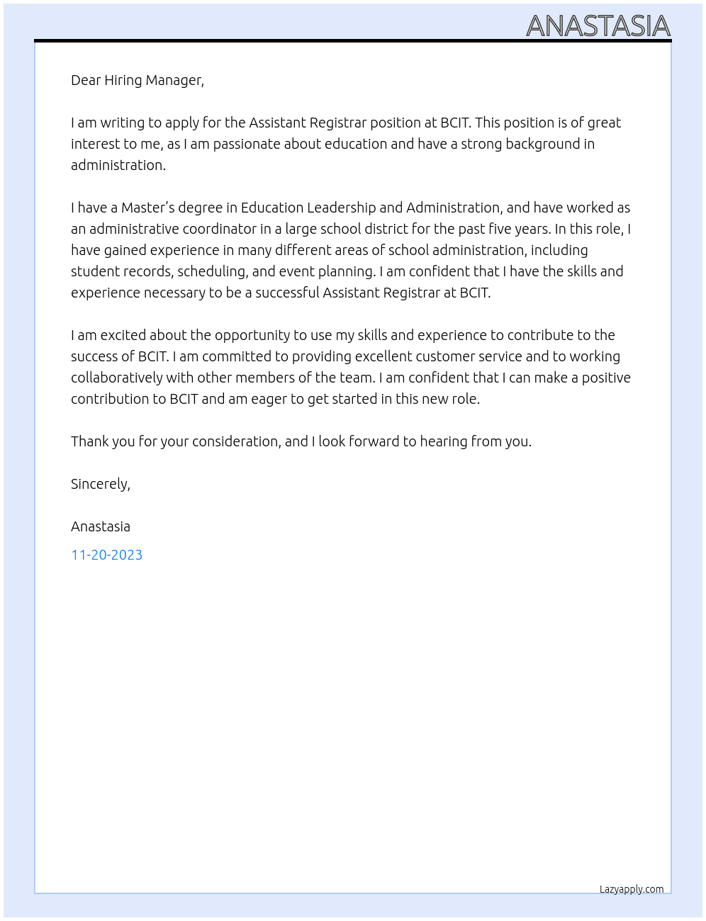 Assistant Registrar At BCIT Cover Letter
