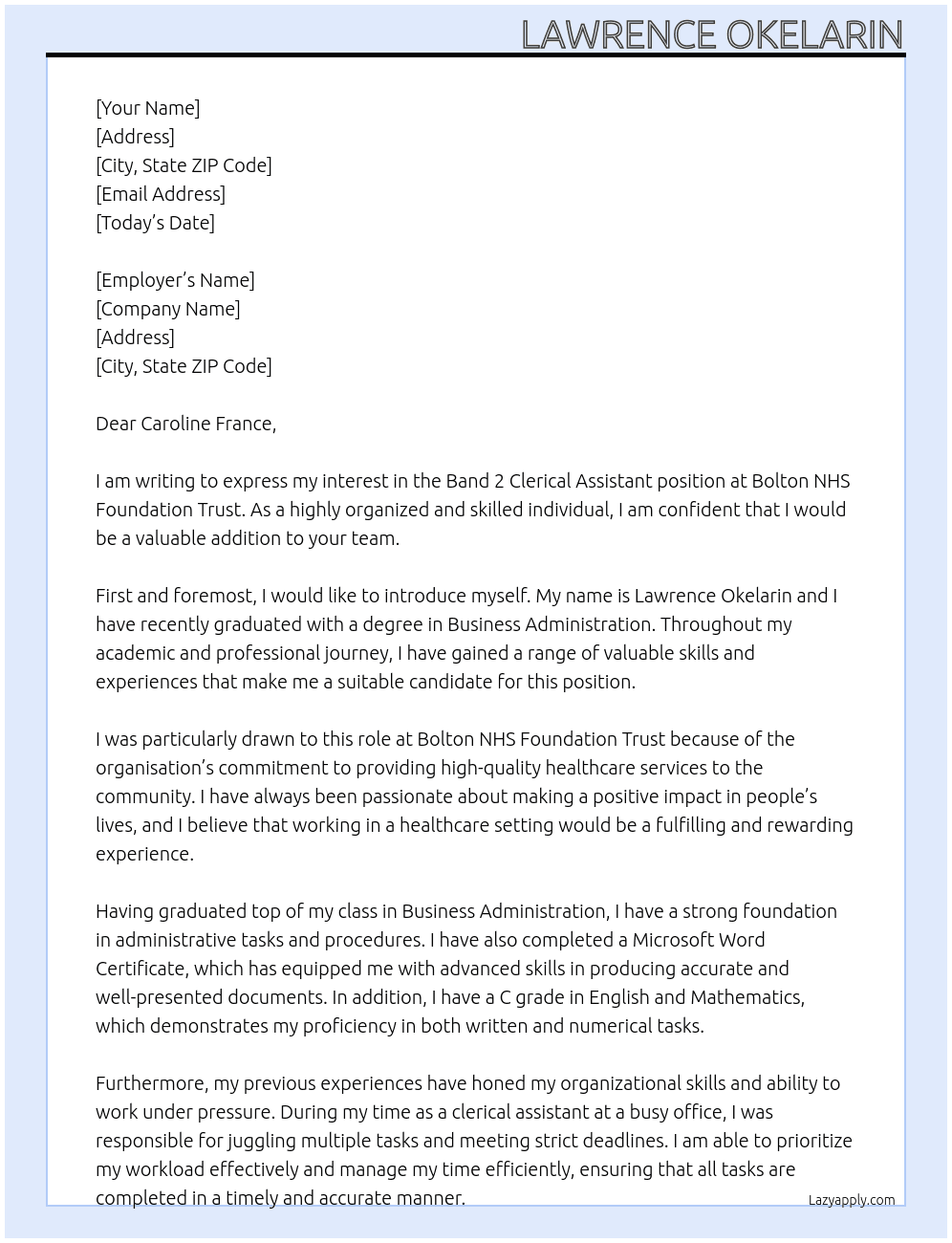 Band 2 Clerical Assistant At Bolton NHS Foundation Trust Cover Letter