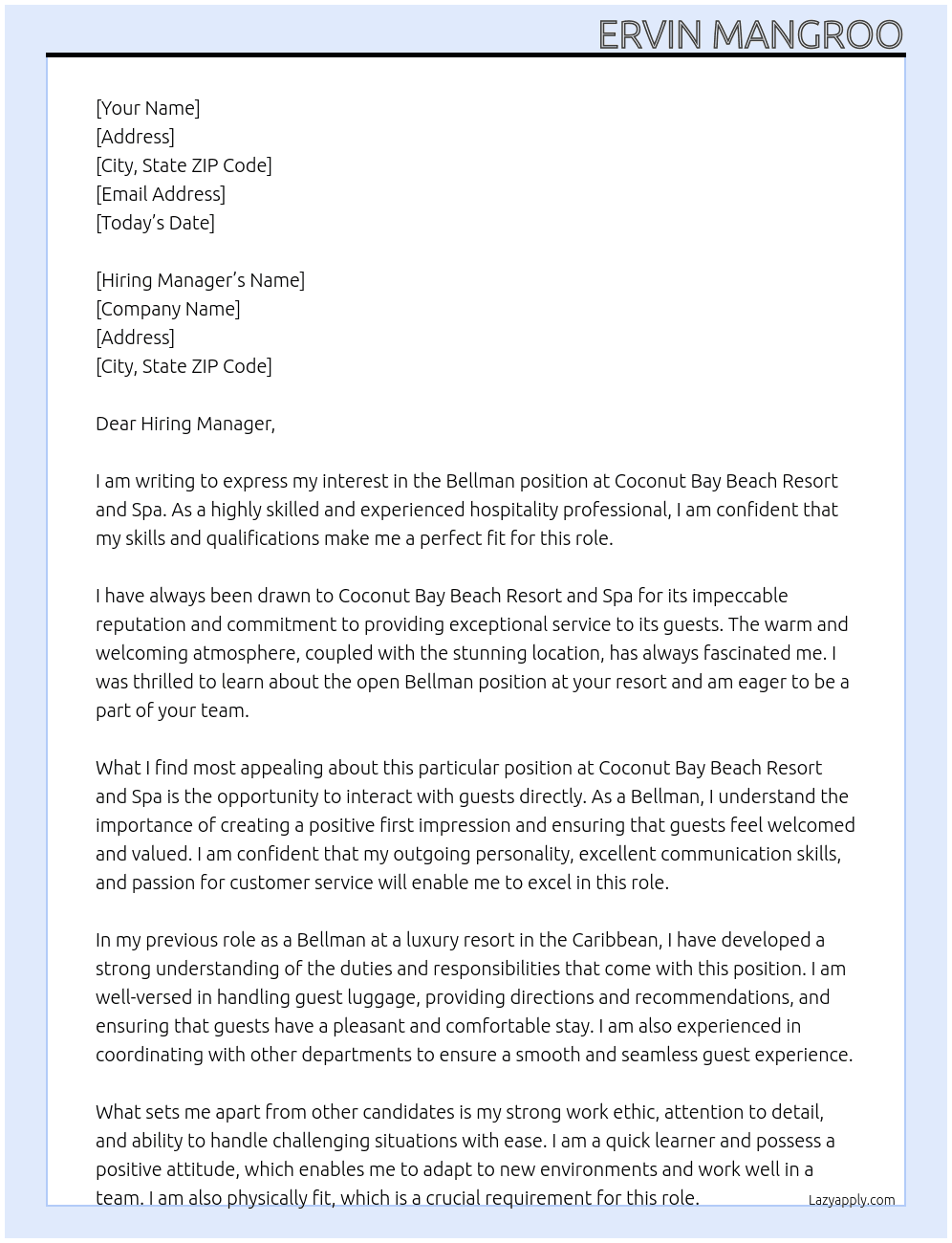Bellman At Coconut Bay Beach Resort and Spa Cover Letter