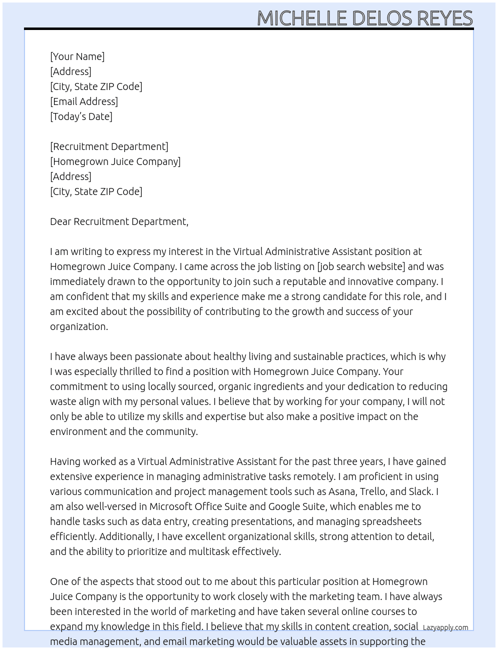Virtual Administrative Assistant At Homegrown Juice Company Cover Letter