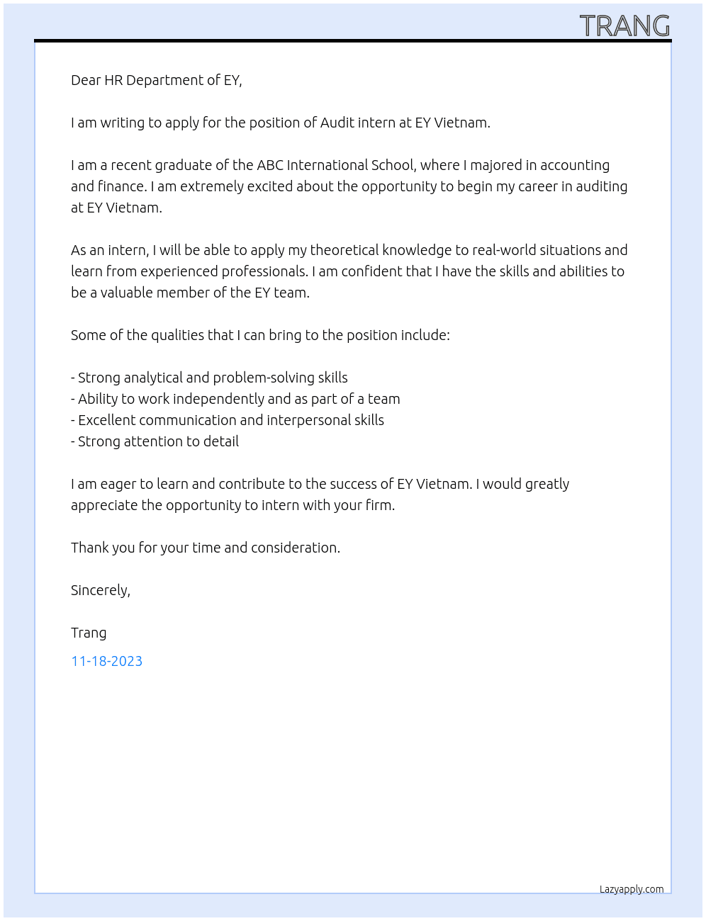 Audit intern At EY Vietnam Cover Letter