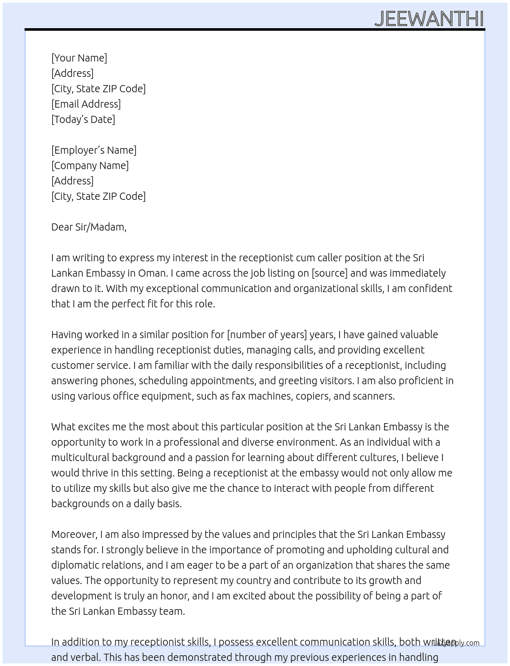 receptionist cum caller At Sri lankan embassy oman Cover Letter