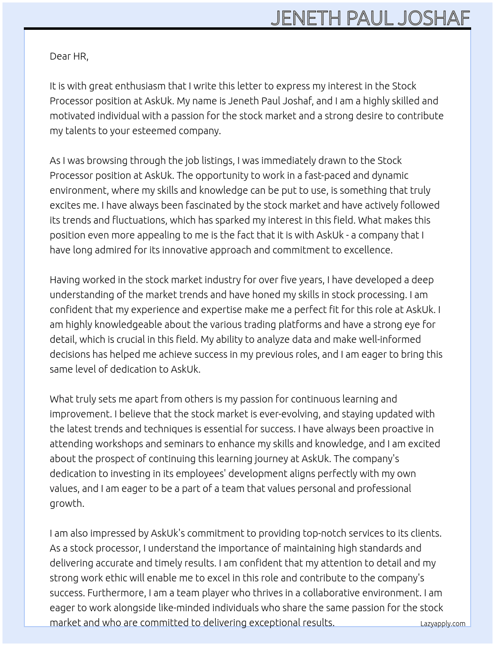 Stock processor  At AskUk Cover Letter