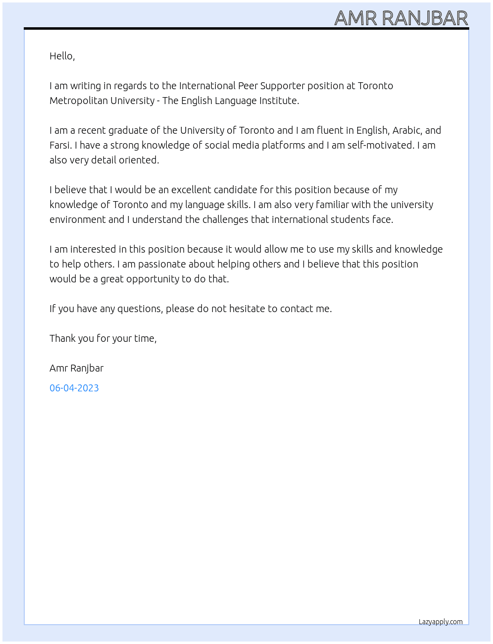 International Peer Supporter At Toronto Metropolitan University - The English Language Institute Cover Letter