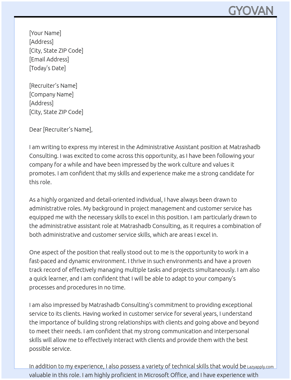 Admistrative Assistant  At Matrashadb Consulting  Cover Letter