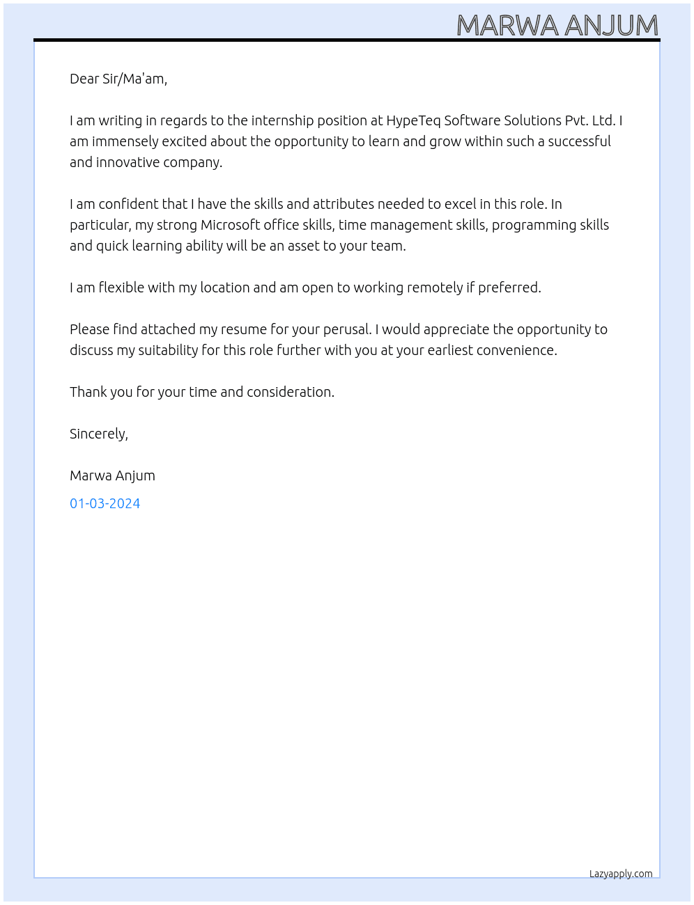 Internship At HypeTeq Software Solutions Pvt. Ltd Cover Letter