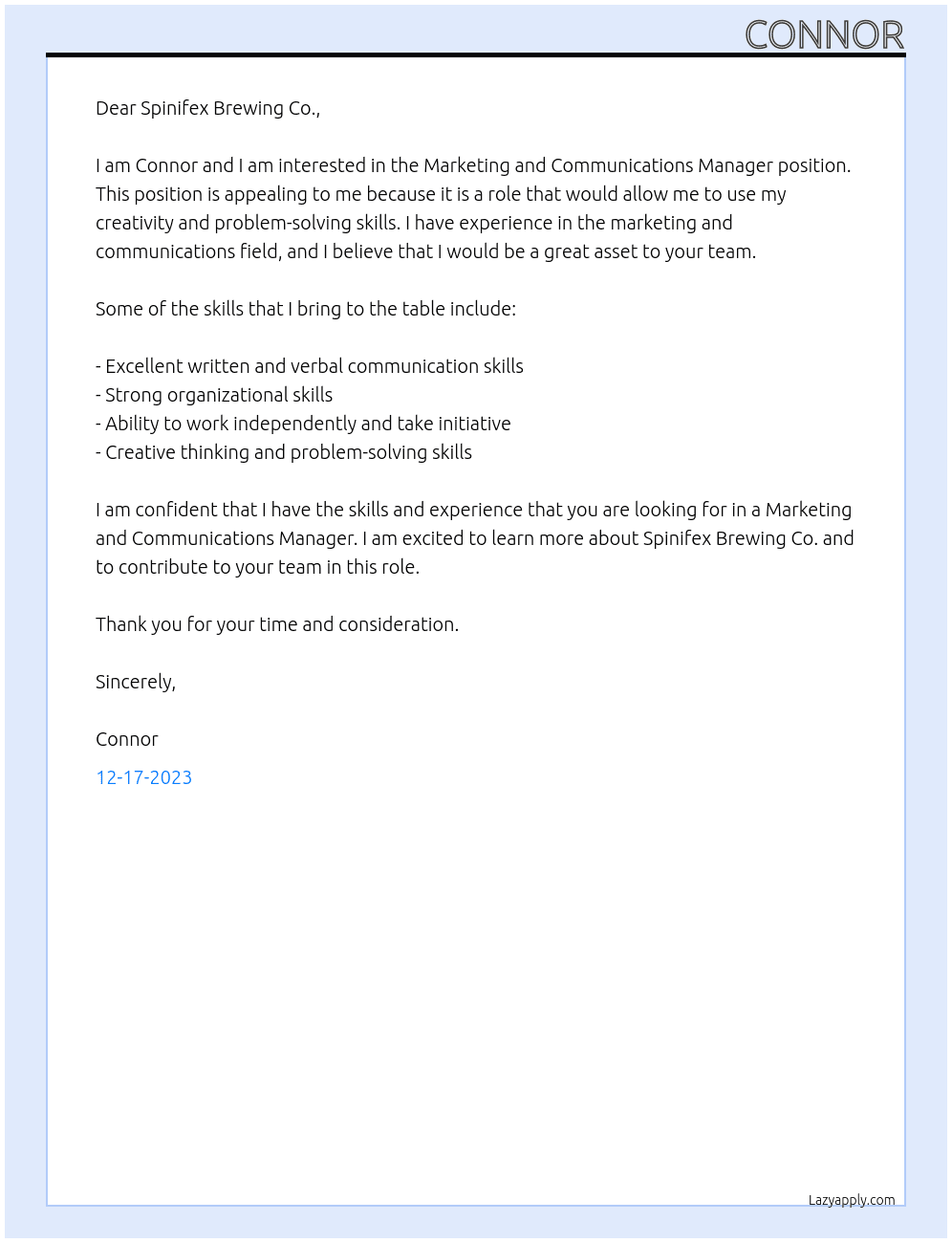 Marketing and Communications Manager At Spinifex Brewing Co. Cover Letter