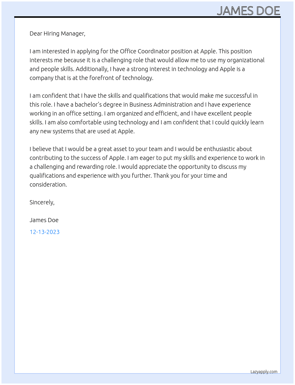 Office coordinator  At Apple Cover Letter
