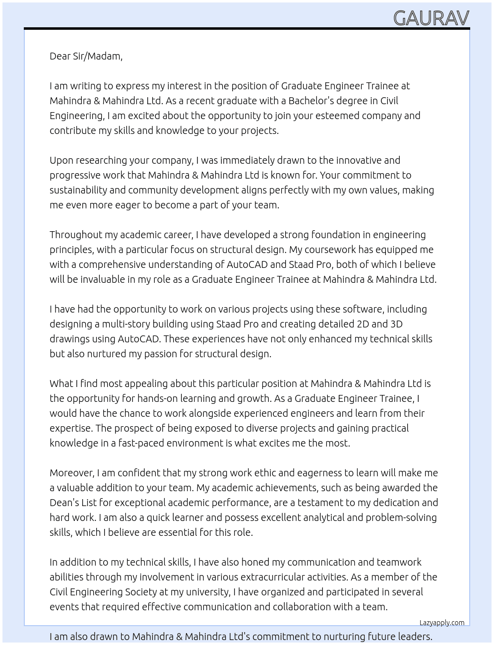 Graduate Engineer Trainee  At Mahindra & Mahindra Ltd Cover Letter