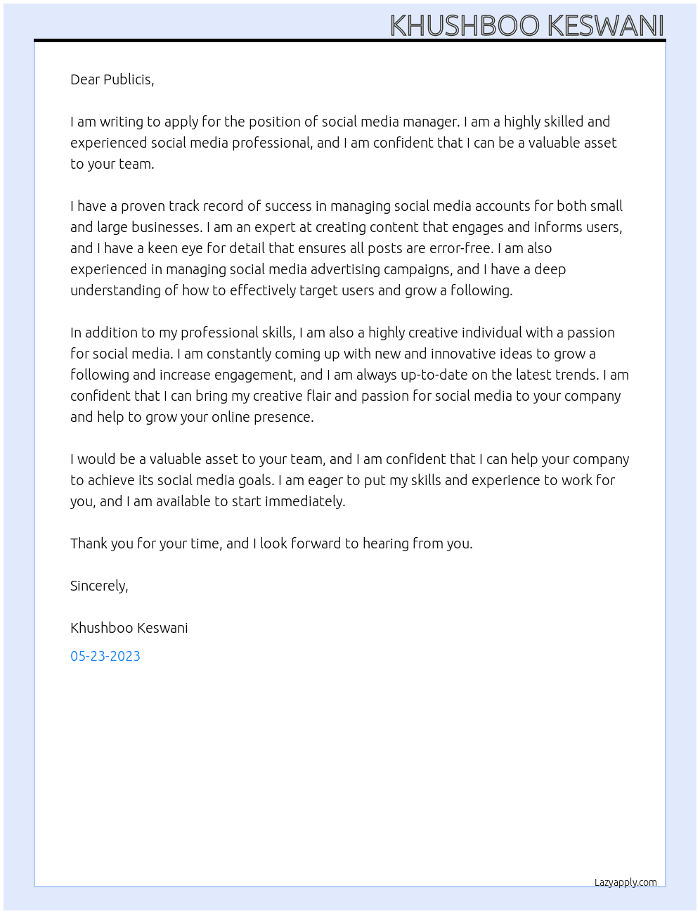 Social media manager At Publicis Cover Letter