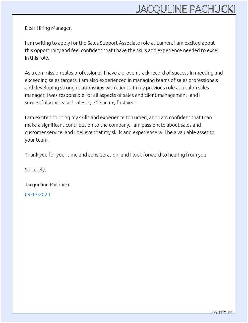 Sales support associate At Lumen Cover Letter