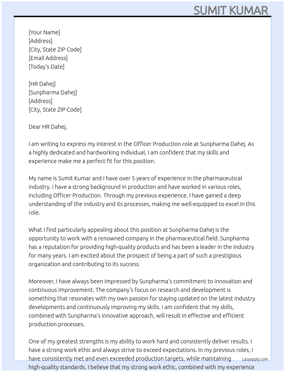 Officer  At Sunpharma dahej  Cover Letter