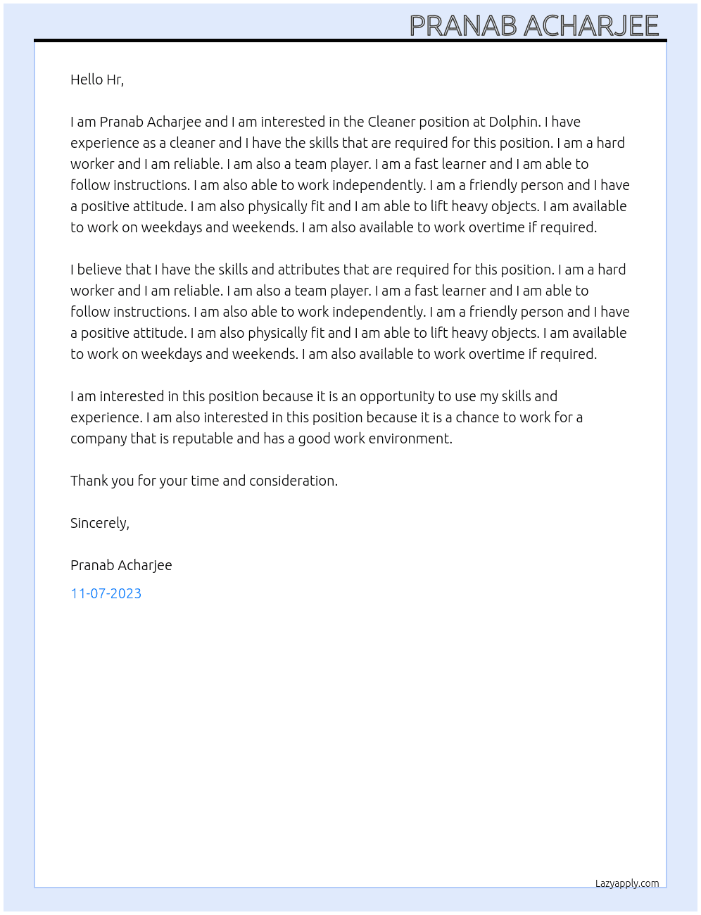 Cleaner At Dolphin  Cover Letter