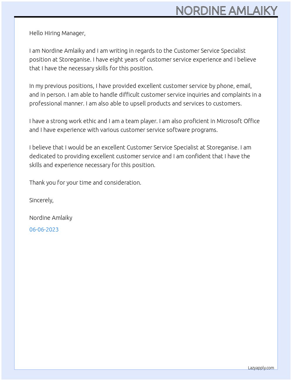 Customer Service Specialist At Storeganise Cover Letter