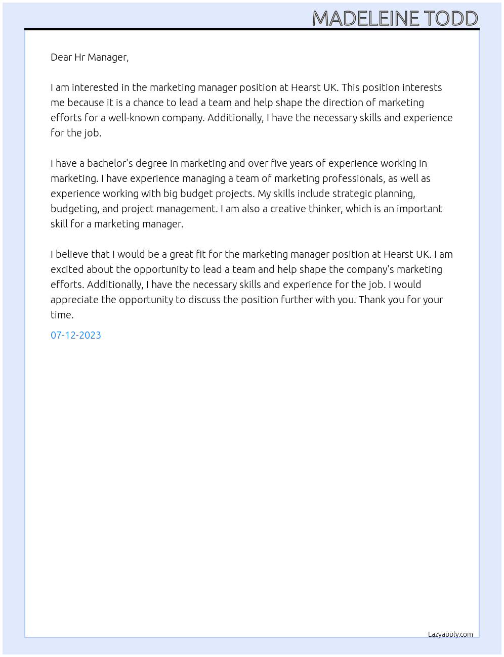 marketing manager At Hearst UK Cover Letter