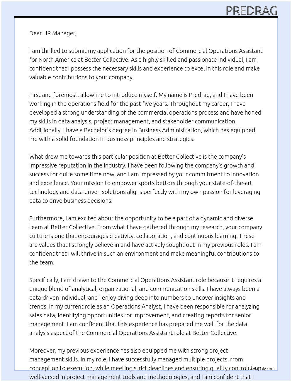 Commercial Operations Assistant - North America At Better collective Cover Letter