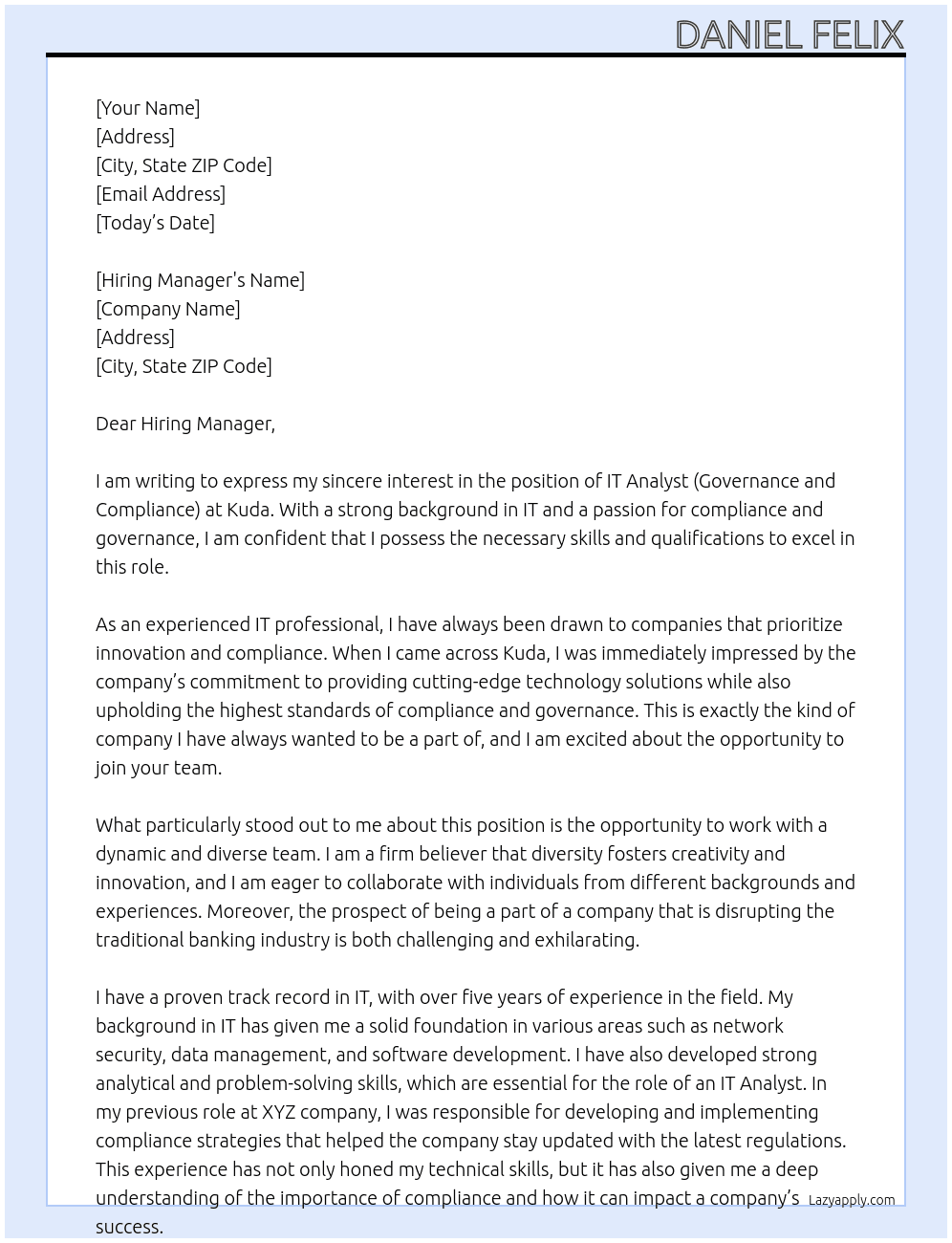 IT Analyst (Governance and Compliance) At Kuda Cover Letter